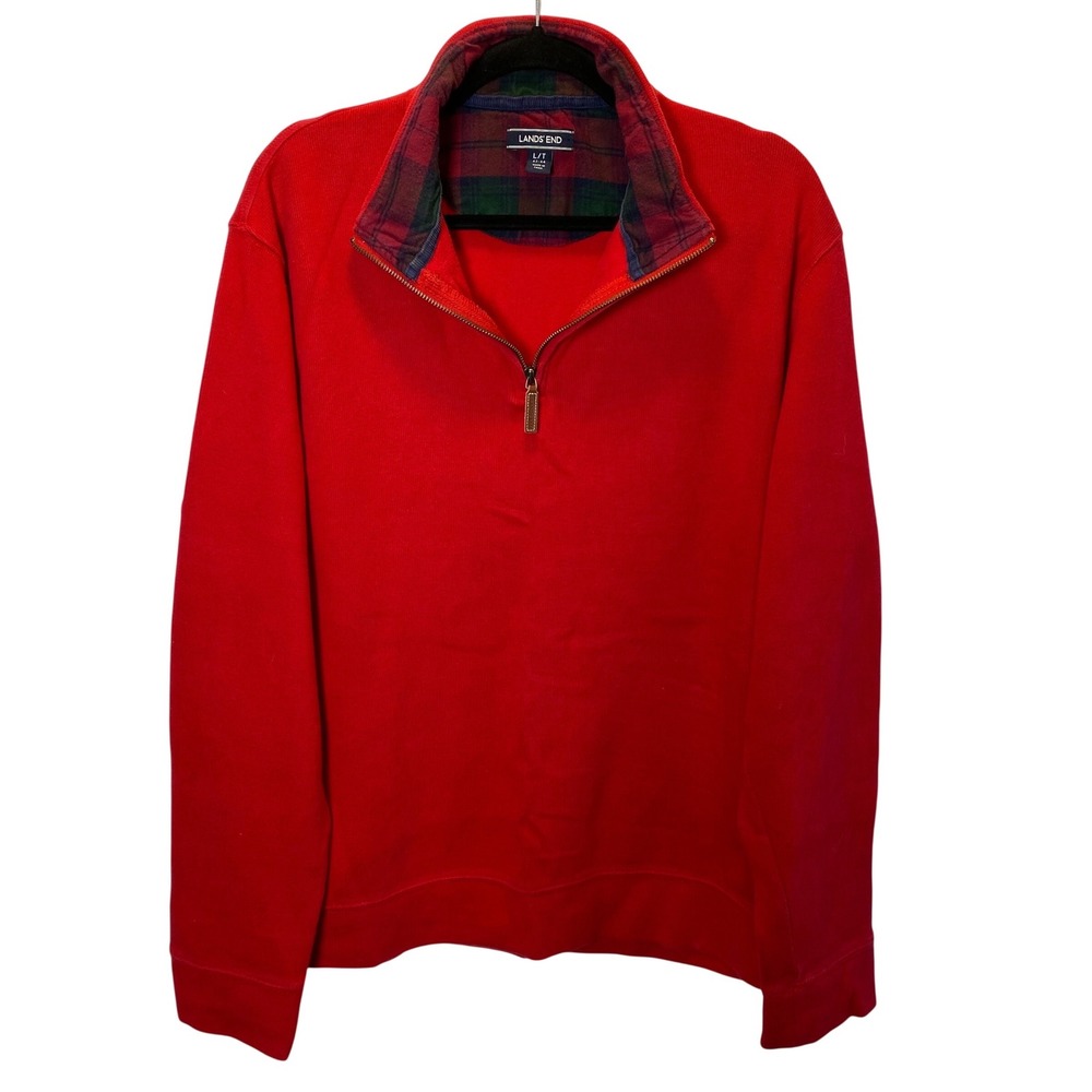 Lands' End Men's Long Sleeve Quarter Zip Pullover Sweater L T Red Plaid Collar